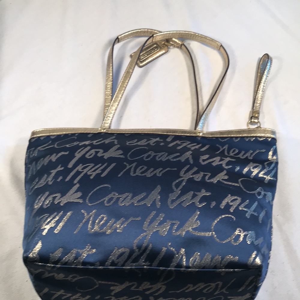 Coach Navy Blue and Metallic Gold Canvas New York Est. 1941 Tote Purse Handbag - Picture 4 of 10